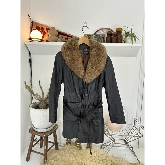 Vintage 1970s Fur Lined Leather Coat Jacket Small 16 - Picture 1 of 9